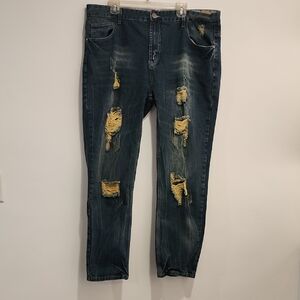 Y2K Relaxed Blue Distressed Jeans with Frayed Details